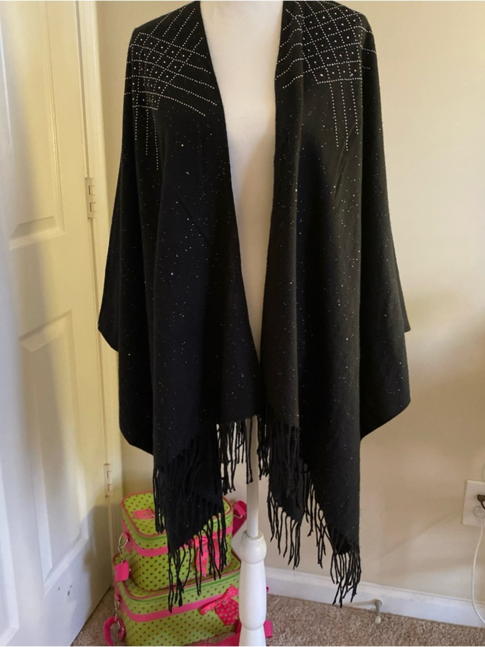 Black Fringe Open-Front cape with Stud Detail